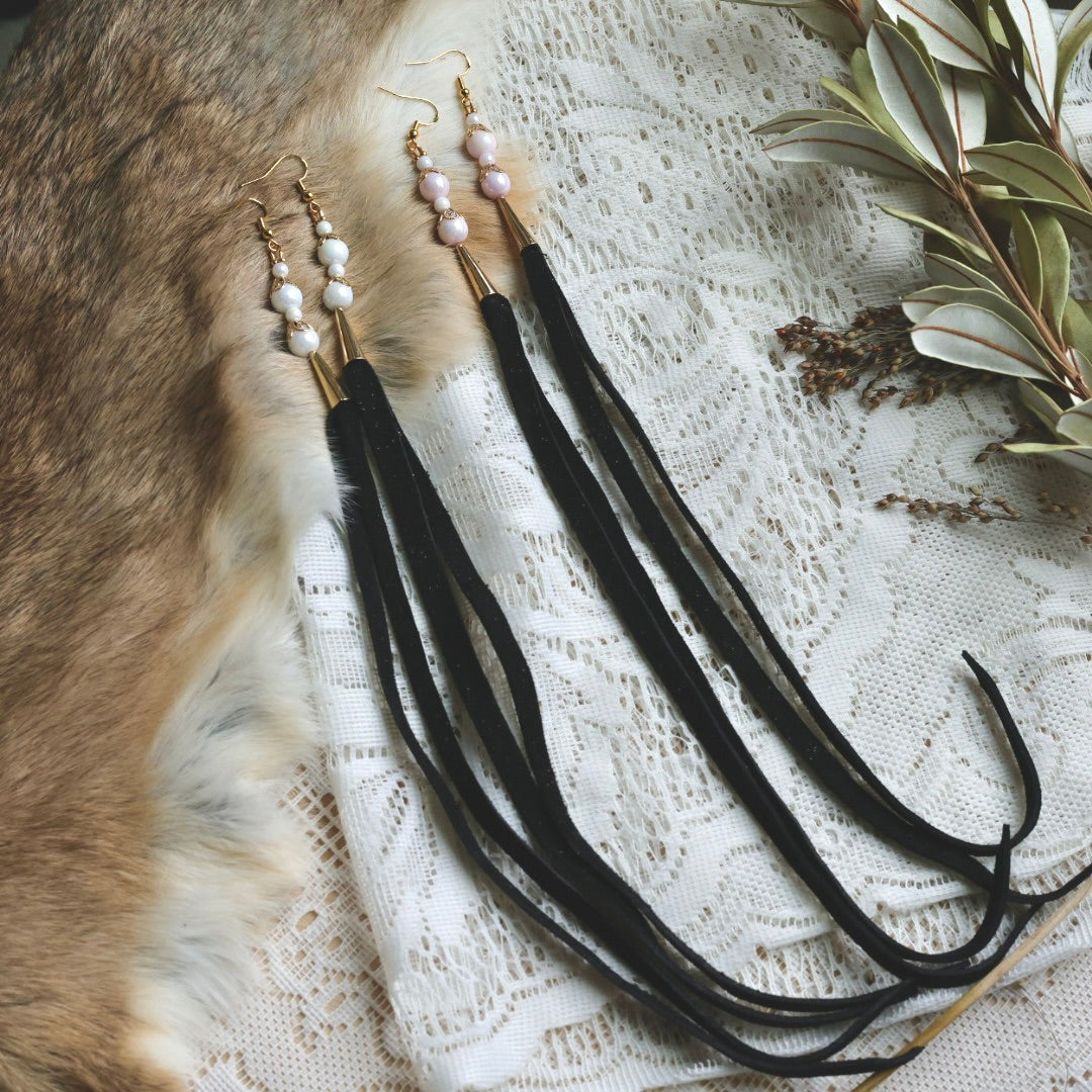 Prairie Sage Beadwork Opal & Deer Hide Tassel Earrings