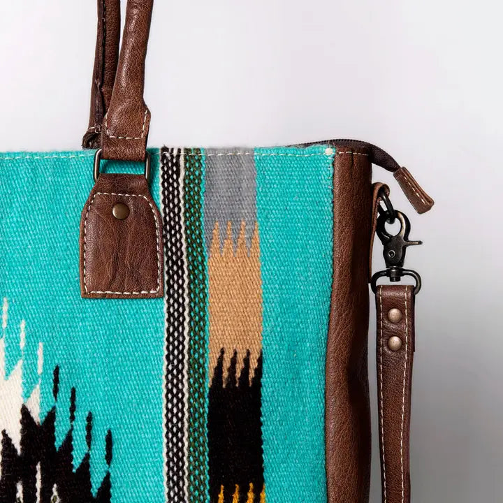 LS Western Teal Saddle Blanket Oversized Leather Tote Bag