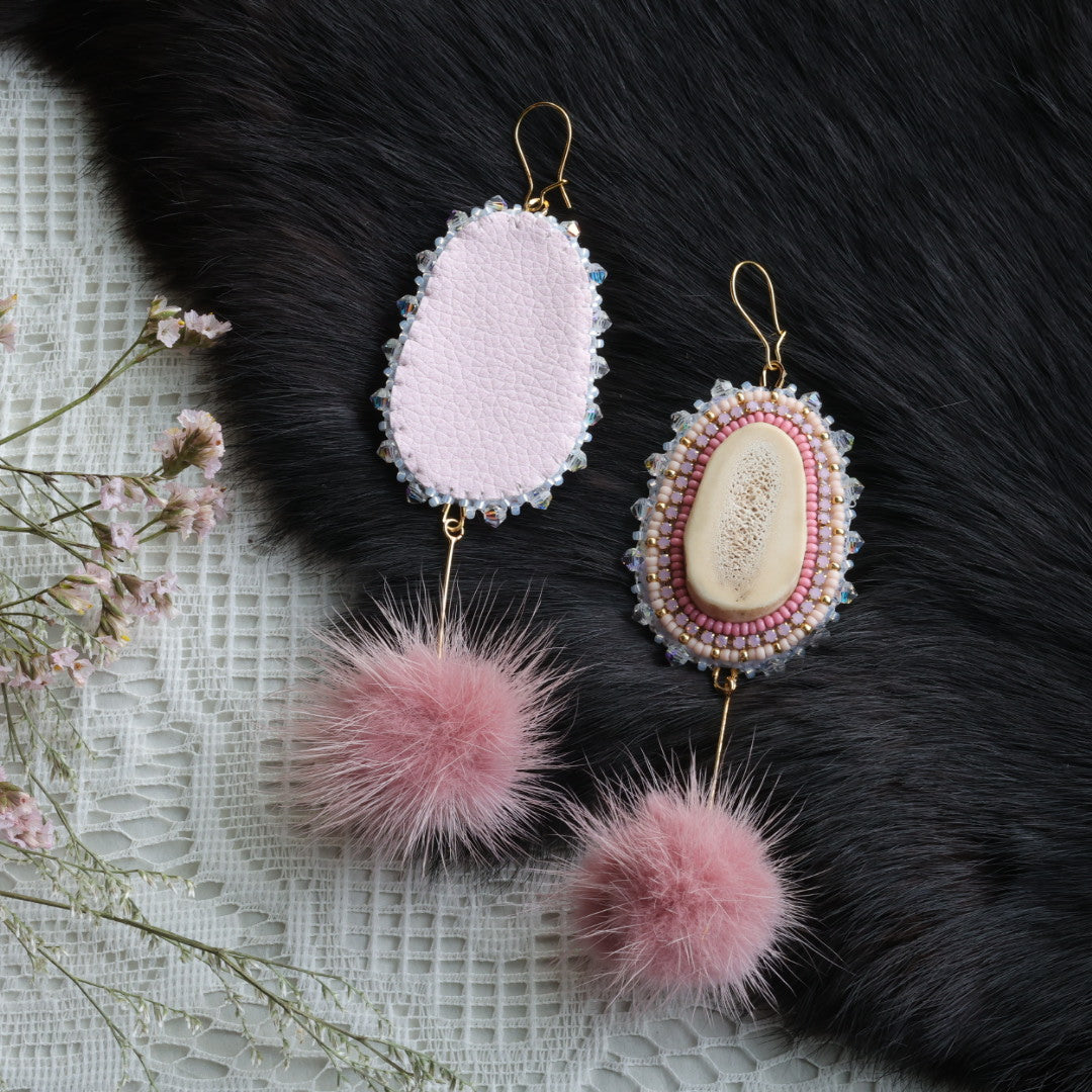 Flower and Crow Beaded Deer Antler Earrings