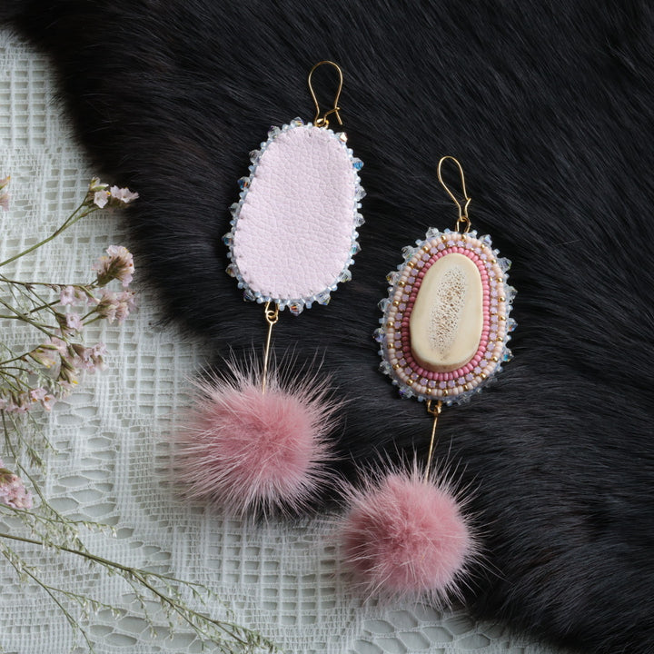 Flower and Crow Beaded Deer Antler Earrings