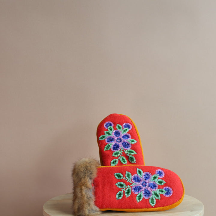 Emily J. Red Felt & Beaver Pelt Moose Hide Mittens