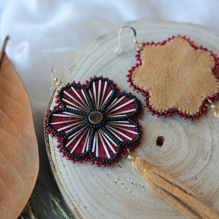 Boreal Forest Beads Floral Moose Hide Tassel Earrings