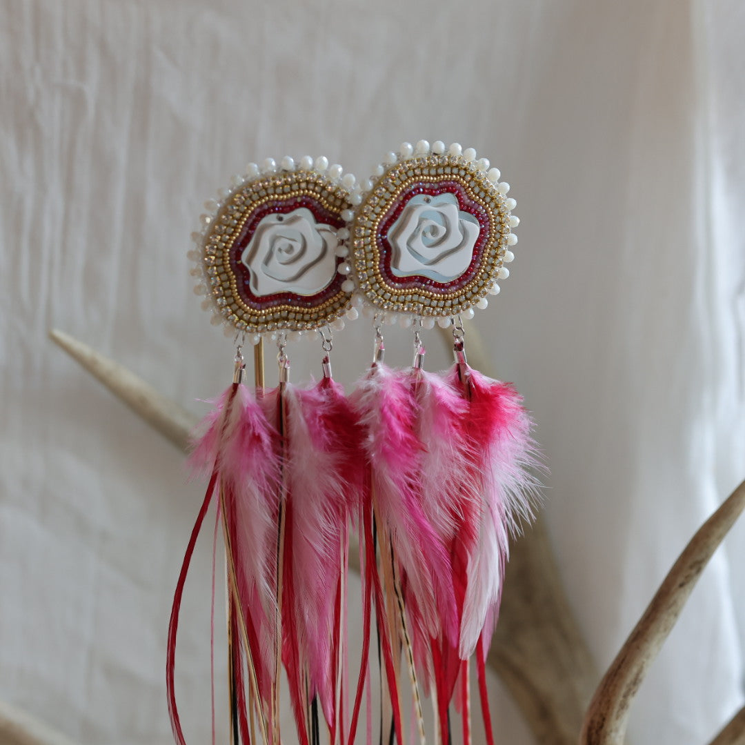 Beaded Blends Rose Beaded Statement Feather Earrings