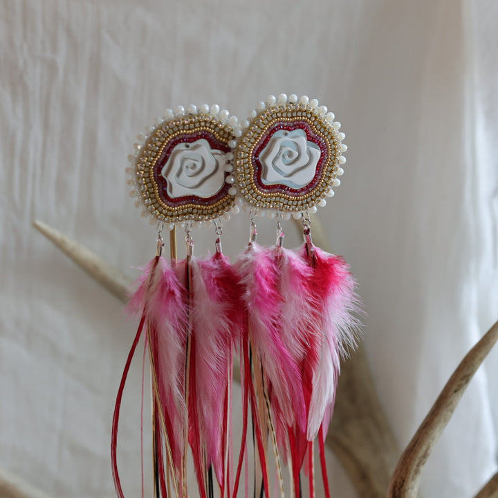 Beaded Blends Rose Beaded Statement Feather Earrings