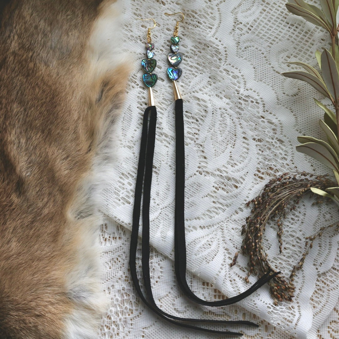 Prairie Sage Beadwork Abalone & Deer Hide Tassel Earrings
