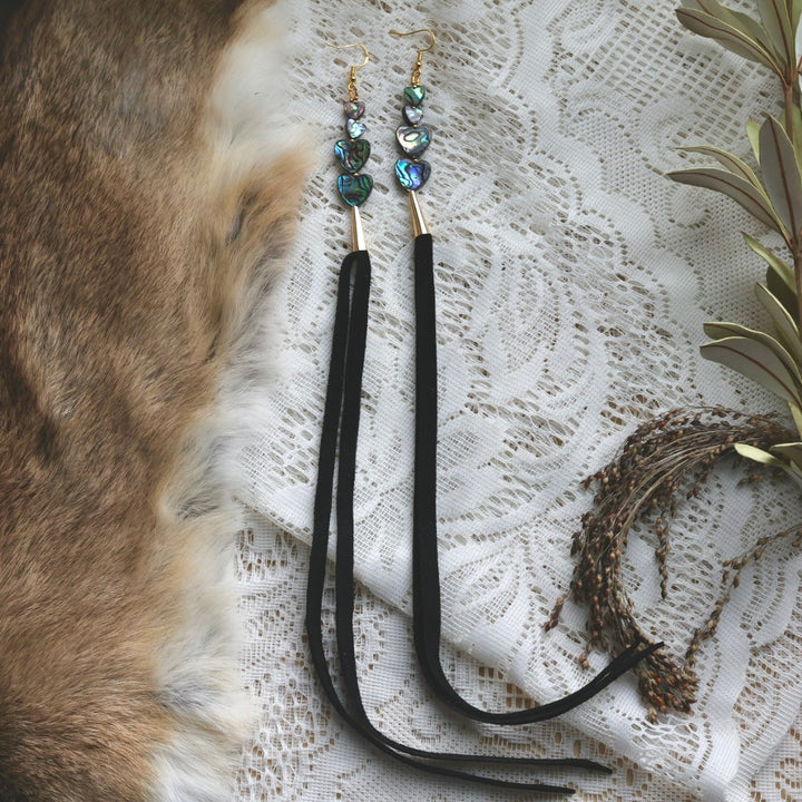 Prairie Sage Beadwork Abalone & Deer Hide Tassel Earrings
