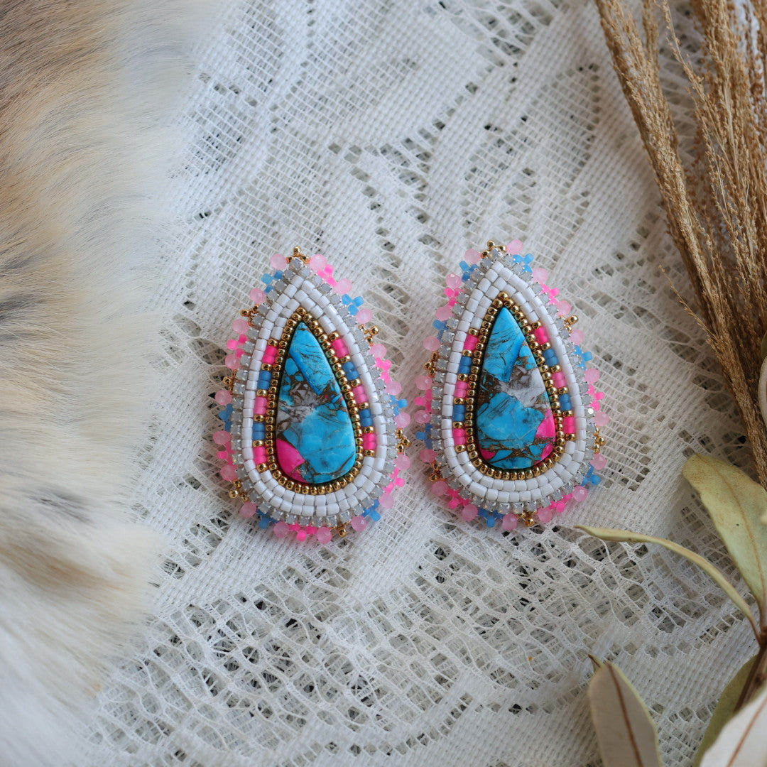Prairie Sage Beadwork Turquoise Teardrop Beaded Earrings