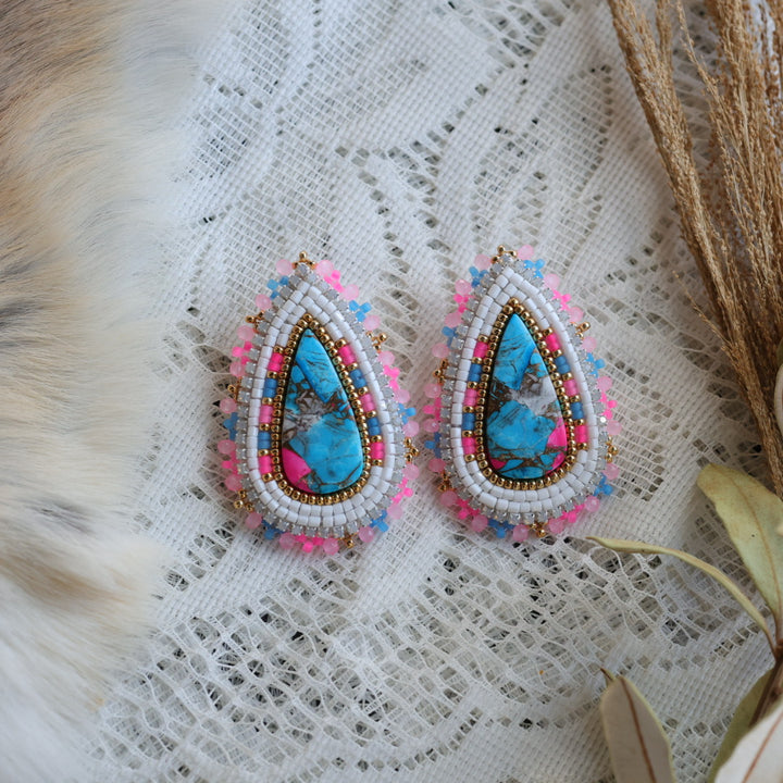 Prairie Sage Beadwork Turquoise Teardrop Beaded Earrings