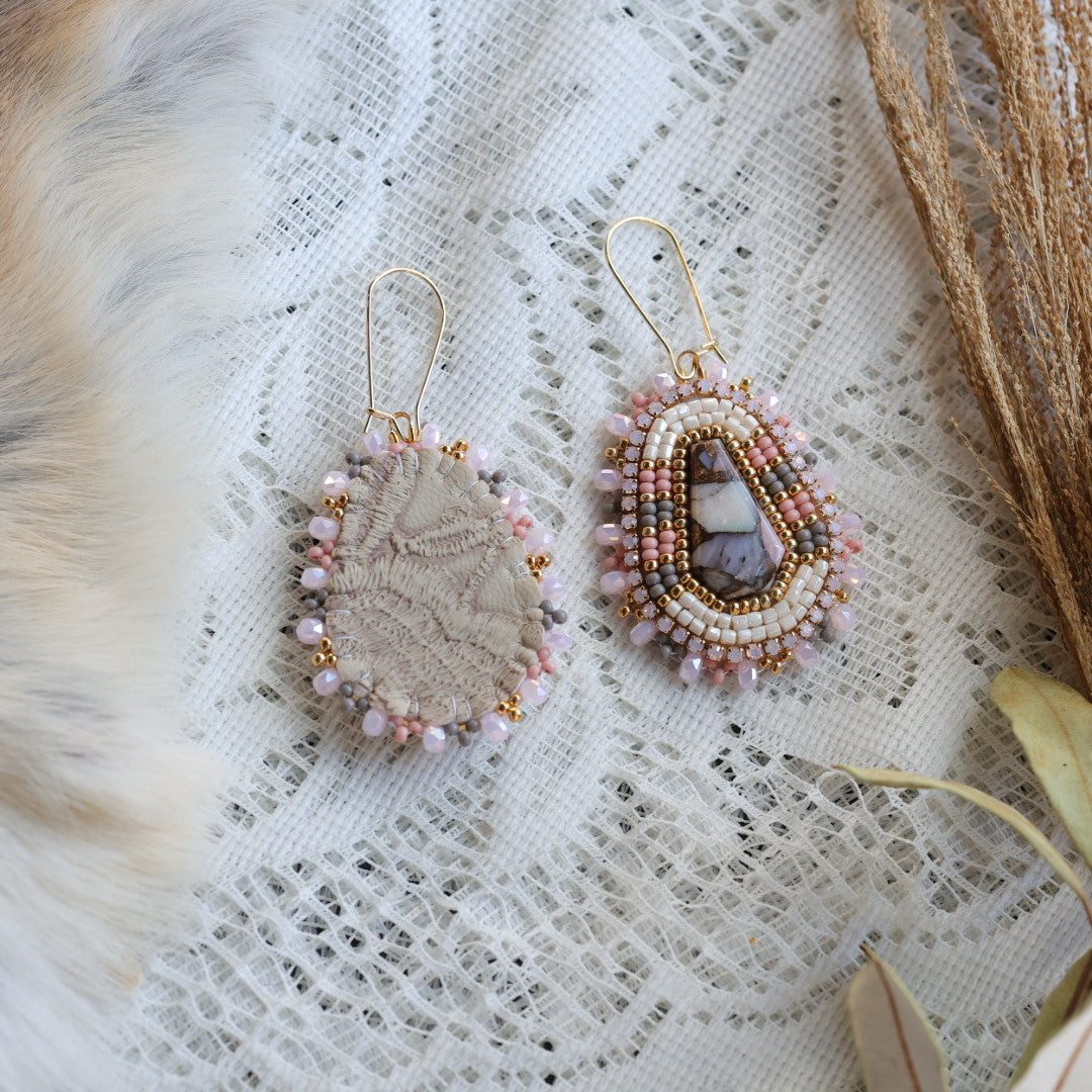 Prairie Sage Beadwork Pink Opal Coffin Shape Beaded Earrings