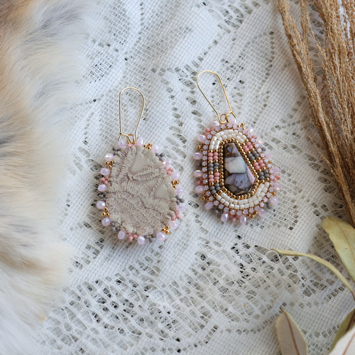 Prairie Sage Beadwork Pink Opal Coffin Shape Beaded Earrings