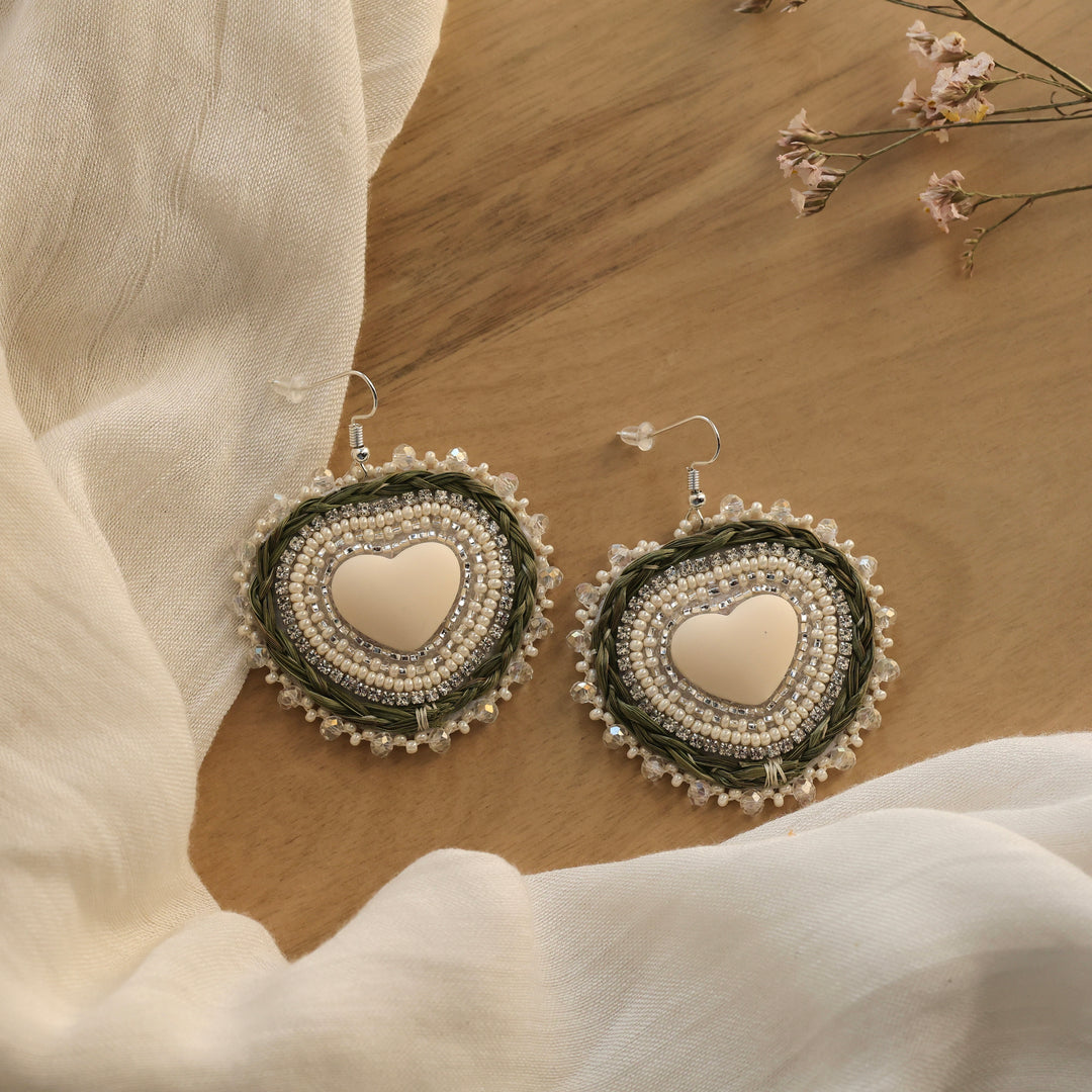 Nikki P. Braided Sweetgrass Beaded Heart Earrings