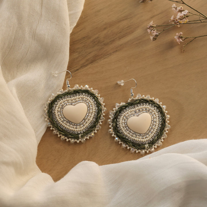 Nikki P. Braided Sweetgrass Beaded Heart Earrings