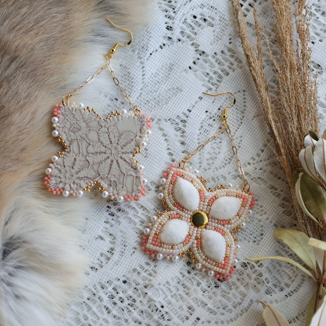 Prairie Sage Beadwork Peach Tufted Floral Earrings