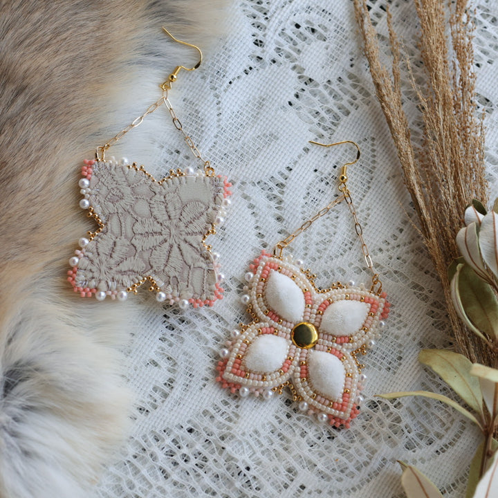 Prairie Sage Beadwork Peach Tufted Floral Earrings