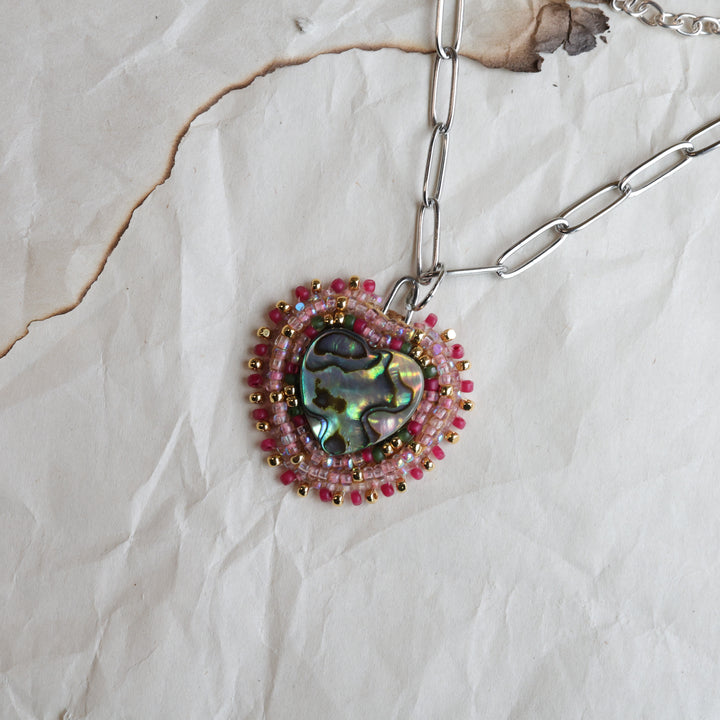 TLee Beads Abalone Heart Beaded Hide Pendant Necklace
