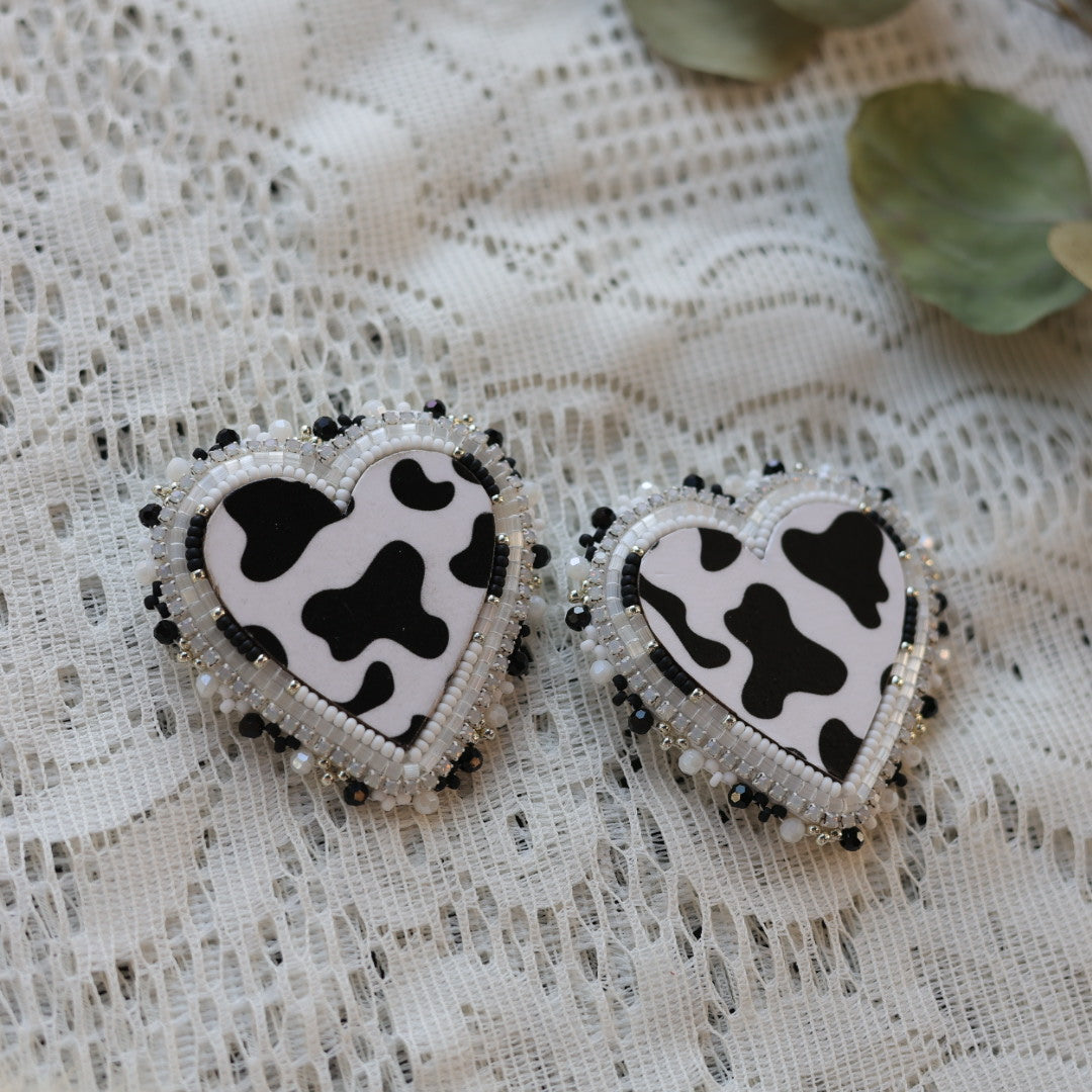Prairie Sage Beadwork Cow Print Heart Beaded Earrings