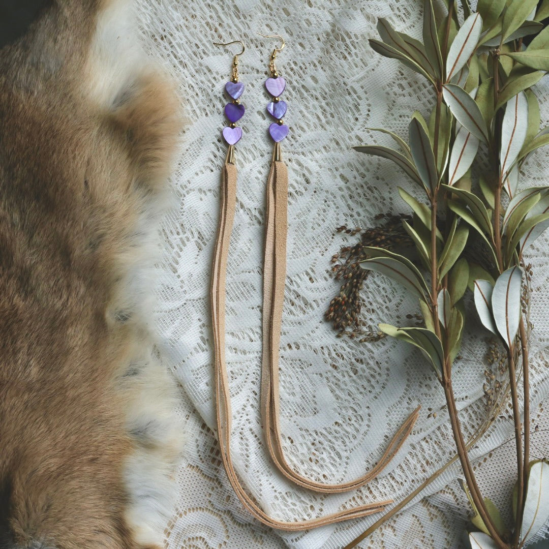 Prairie Sage Beadwork Dyed Mother of Pearl & Deer Hide Tassel Earrings