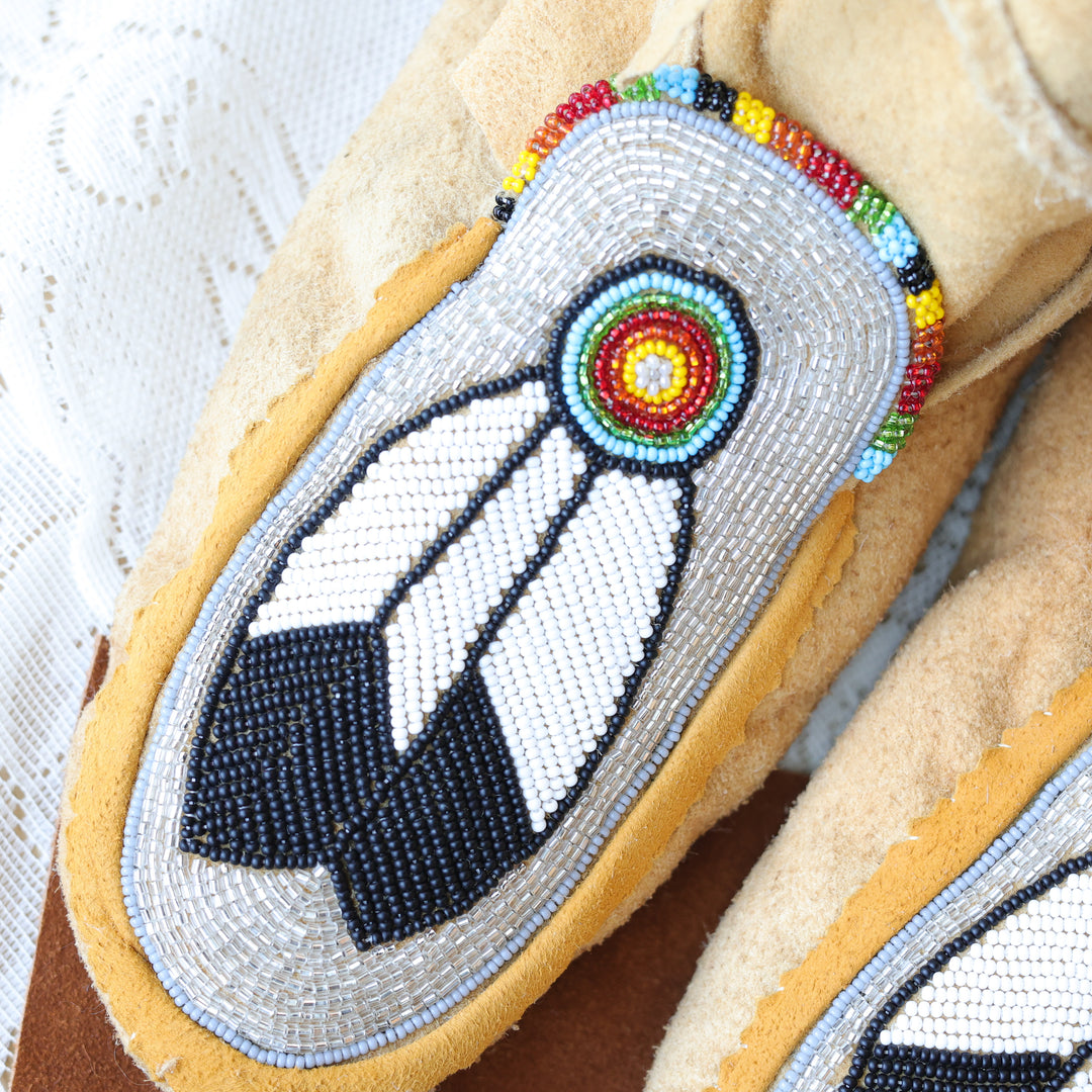 Jeannie A Traditional Smoked Hide Beaded Wraparound Moccasins