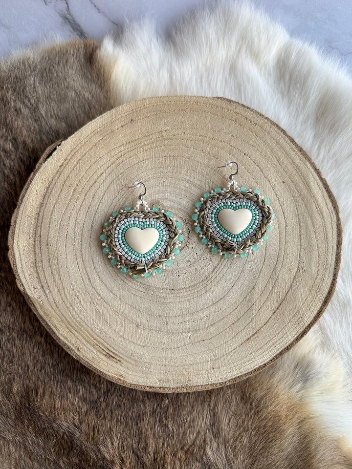 Katawashishin Beadwork Heart Sweetgrass Earrings