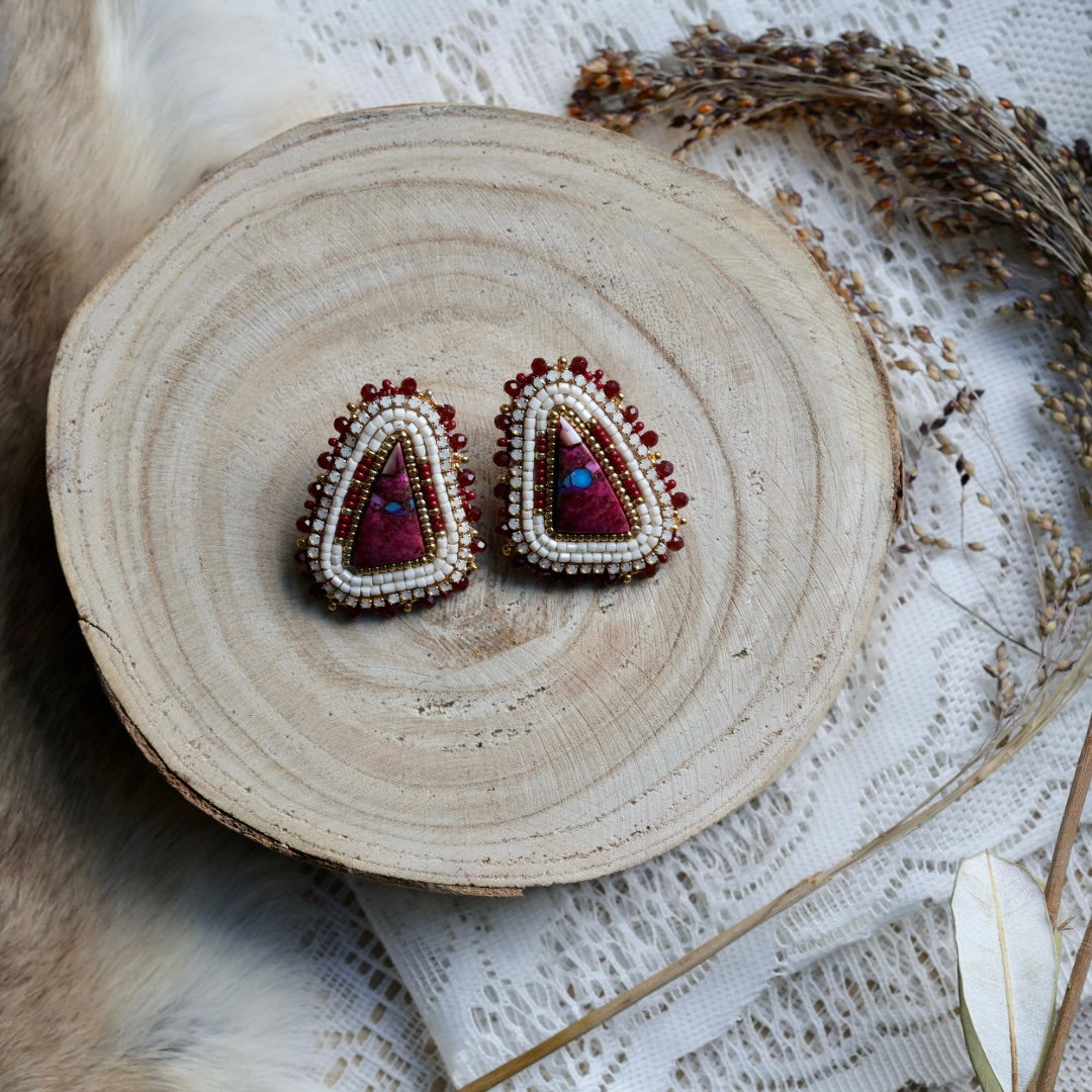 Prairie Sage Beadwork Red Rose Mojave Turquoise Triangle Beaded Earrings
