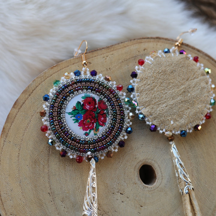 Mercedes G. Kokum Floral Beaded Earrings With Moose Hide Tassels
