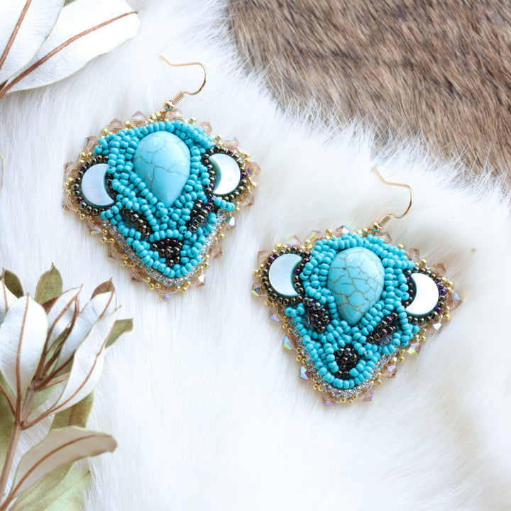 Pieces of Work by Mercedes Turquoise Bison Head Beaded Earrings