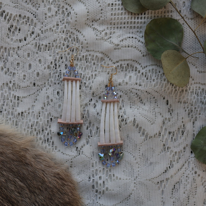 Prairie Sage Beadwork Dentalium & Blue Butterfly Earrings