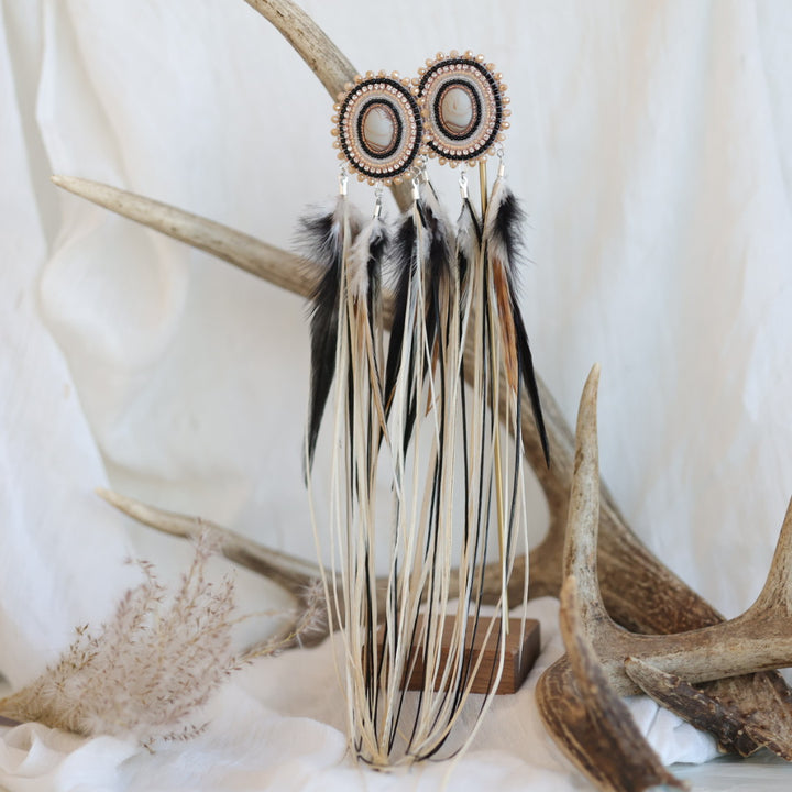 Beaded Blends Champagne Beaded Statement Feather Earrings