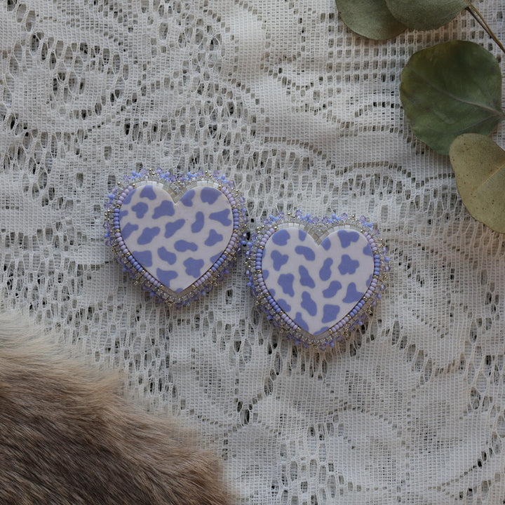 Prairie Sage Beadwork Cow Print Heart Beaded Earrings
