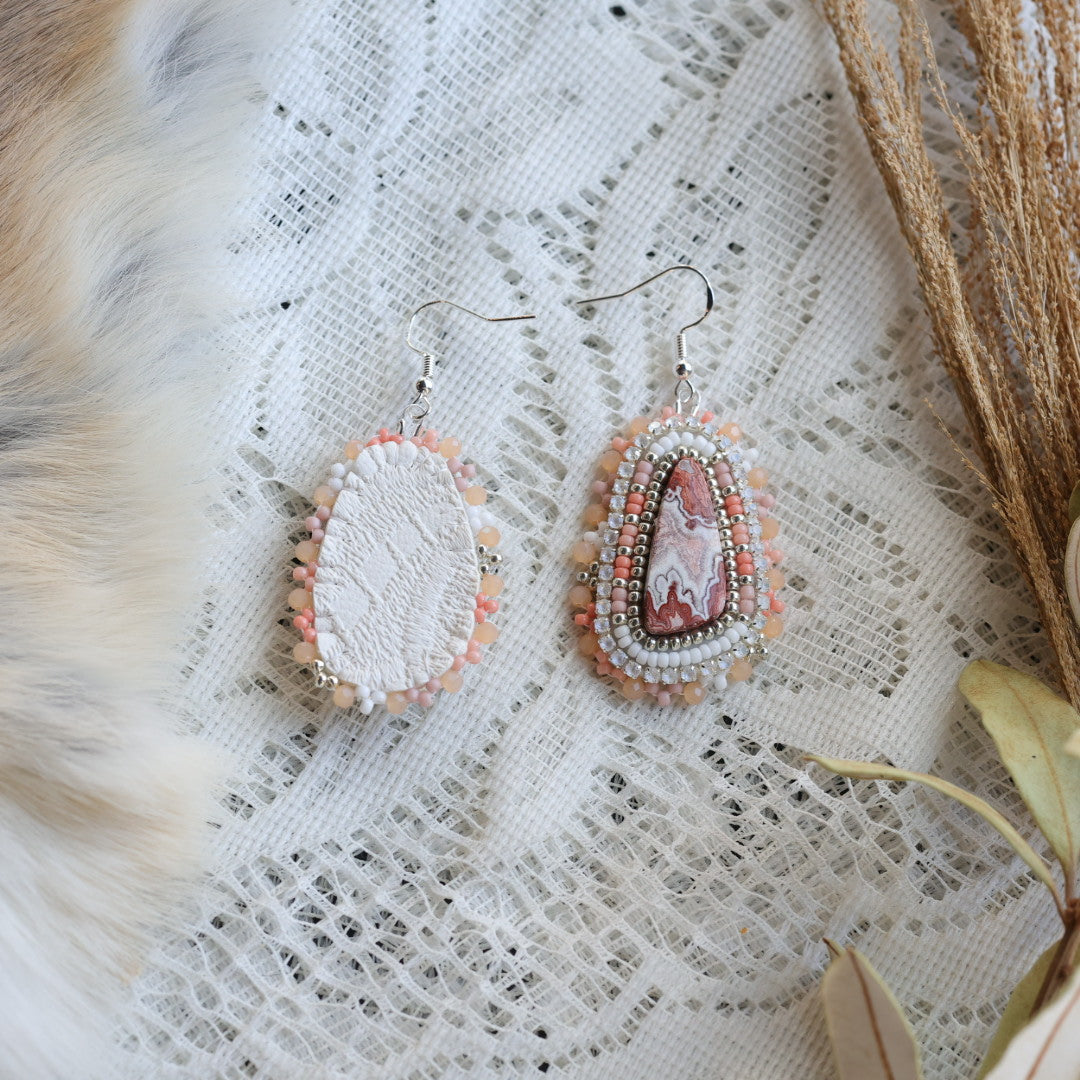 Prairie Sage Beadwork Peach Oblong Crazy Lace Agate Beaded Earrings
