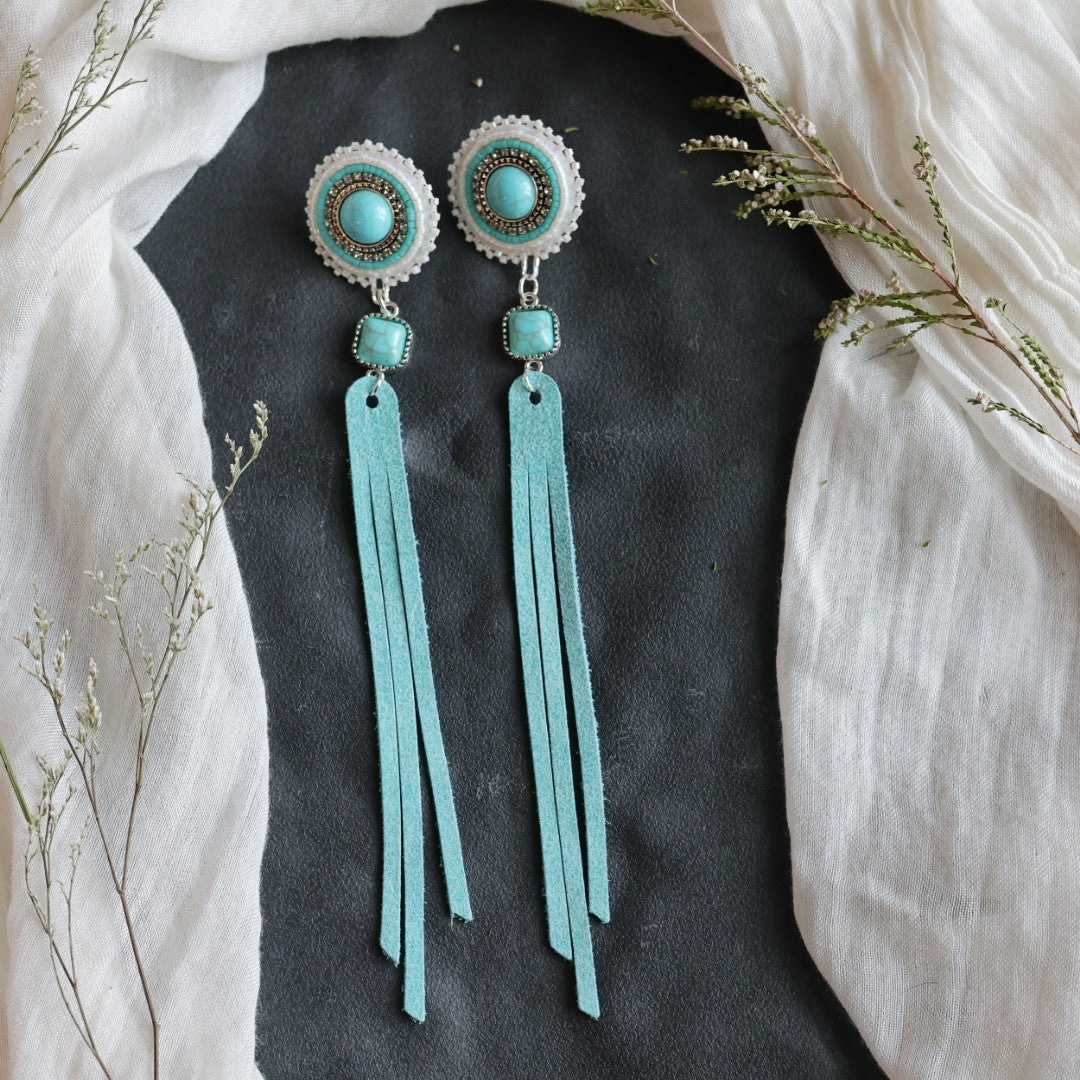 Beth Rose Designs Turquoise &amp; Leather Tassel Beaded Earrings