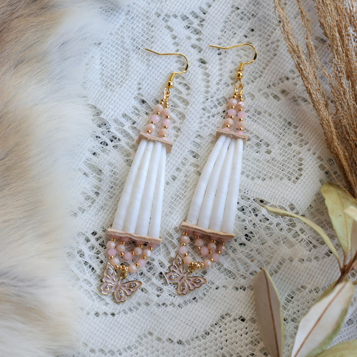 Prairie Sage Beadwork Dentalium & Light Pink Drop Earrings
