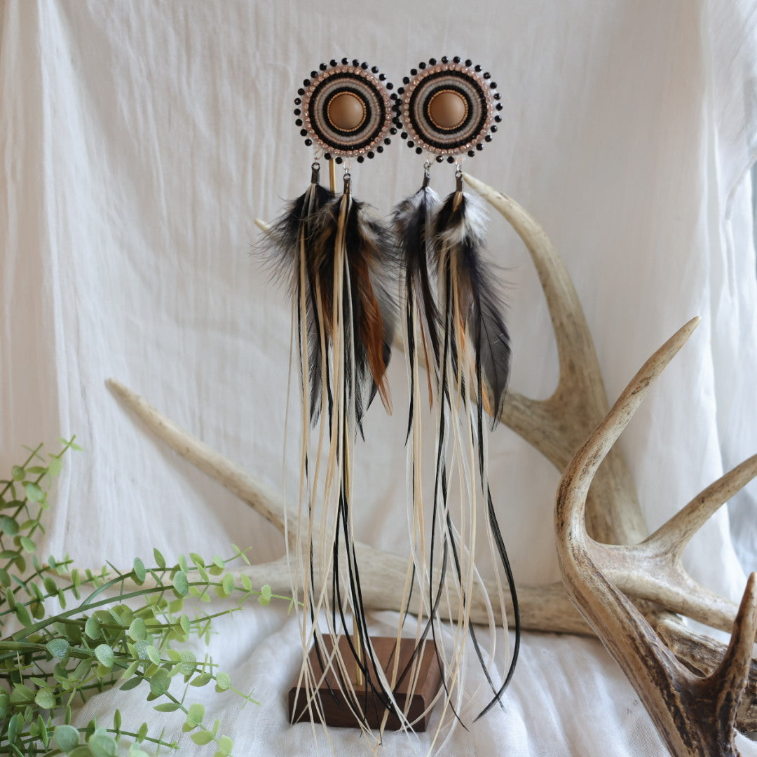 Beaded Blends Champagne &amp; Black Beaded Statement Feather Earrings
