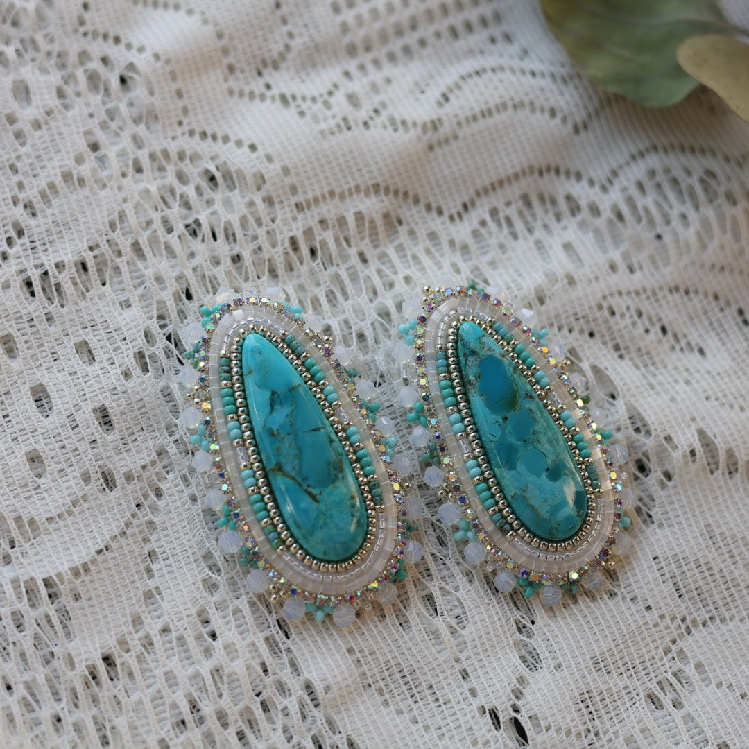 Prairie Sage Beadwork Turquoise Teardrop Beaded Earrings