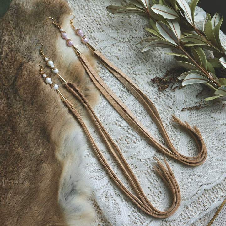 Prairie Sage Beadwork Opal & Deer Hide Tassel Earrings