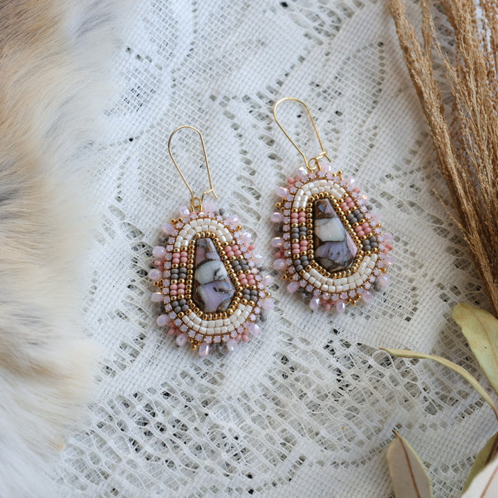 Prairie Sage Beadwork Pink Opal Coffin Shape Beaded Earrings