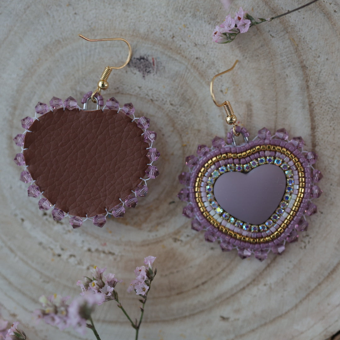 Sweetgrass Woman Creations Mauve & Gold Heart Beaded Earrings