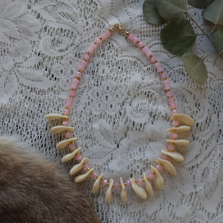 Prairie Sage Beadwork Rose Quartz & Imitation Elk Ivory Set