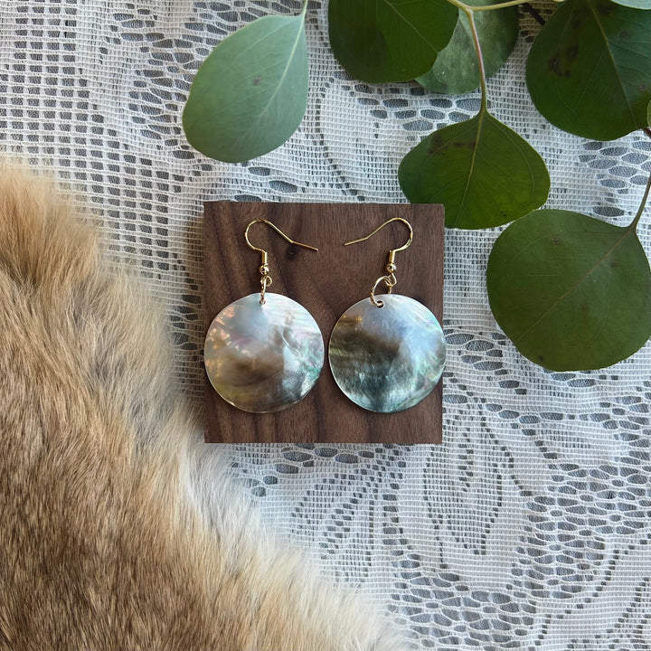 Prairie Sage Beadwork Black Mother of Pearl Shell Drop Earrings