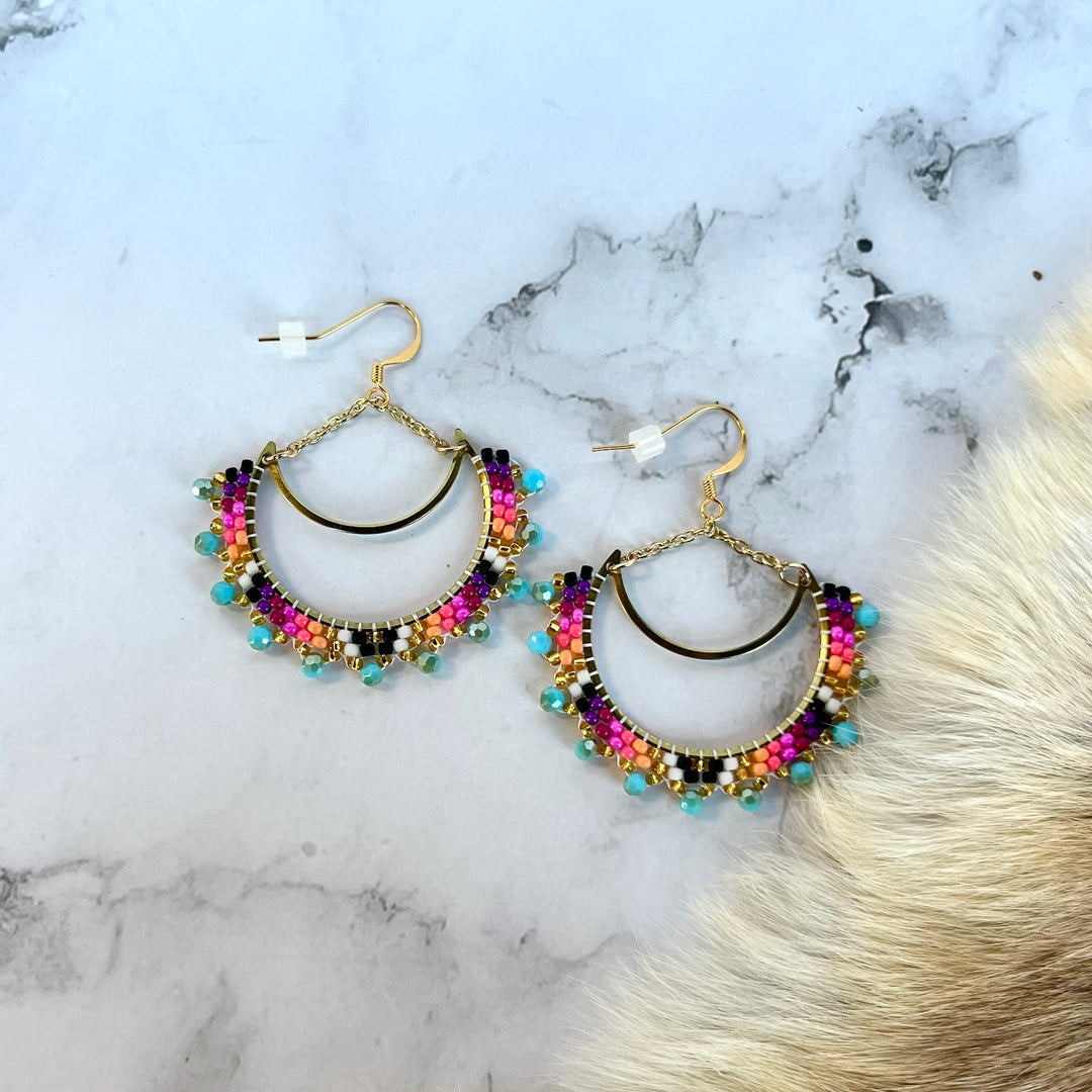 Rebelina Beaded Brass Crescent Earrings