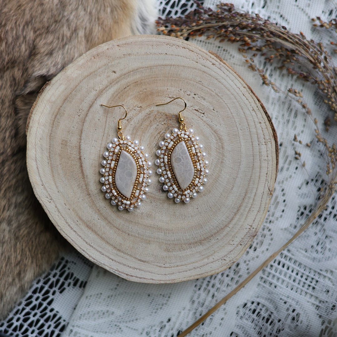 Prairie Sage Beadwork Fossilized Coral Beaded Earrings