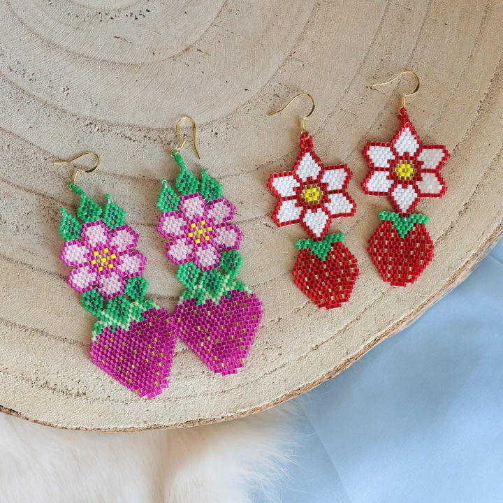 Taelin R Peyote Stitch Red Flower & Strawberry Earrings