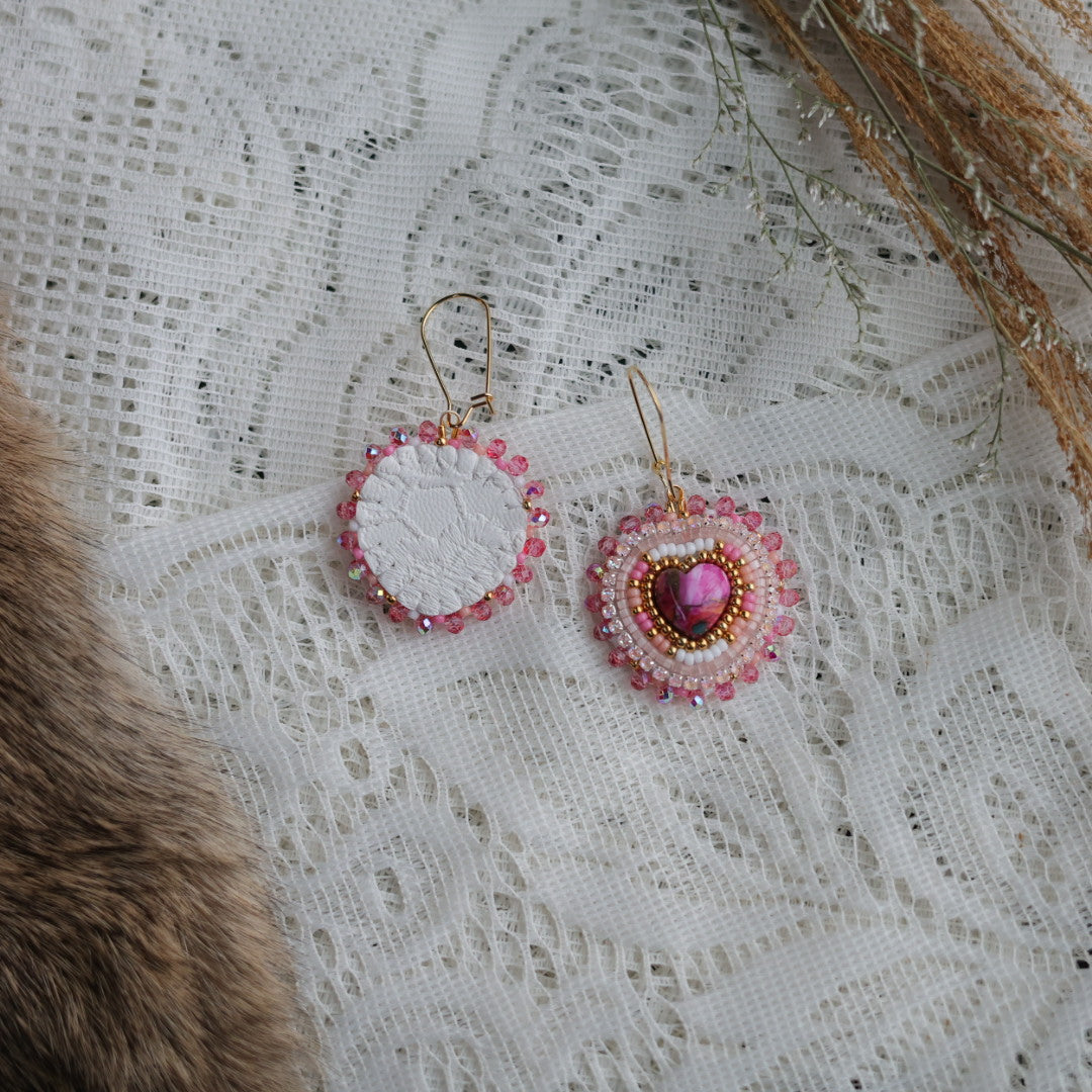 Prairie Sage Beadwork Pink Mohave Copper Turquoise Mini Heart Beaded Earrings