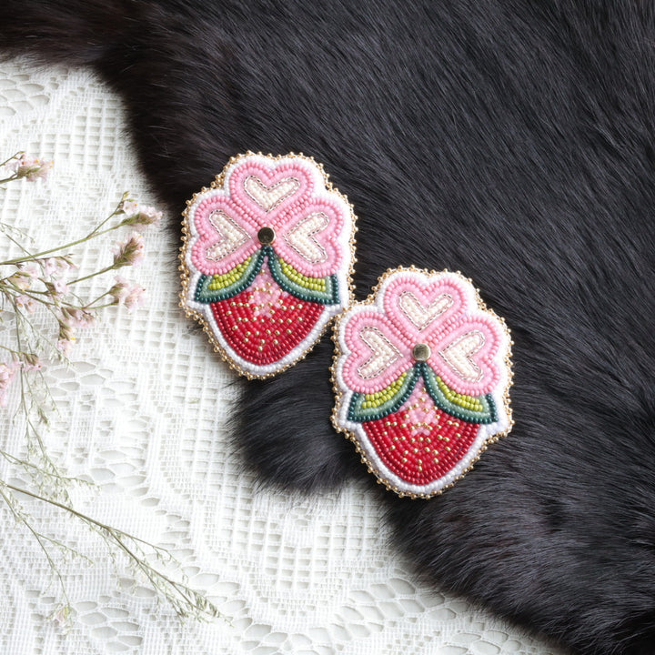Flower and Crow Beaded Strawberry Earrings