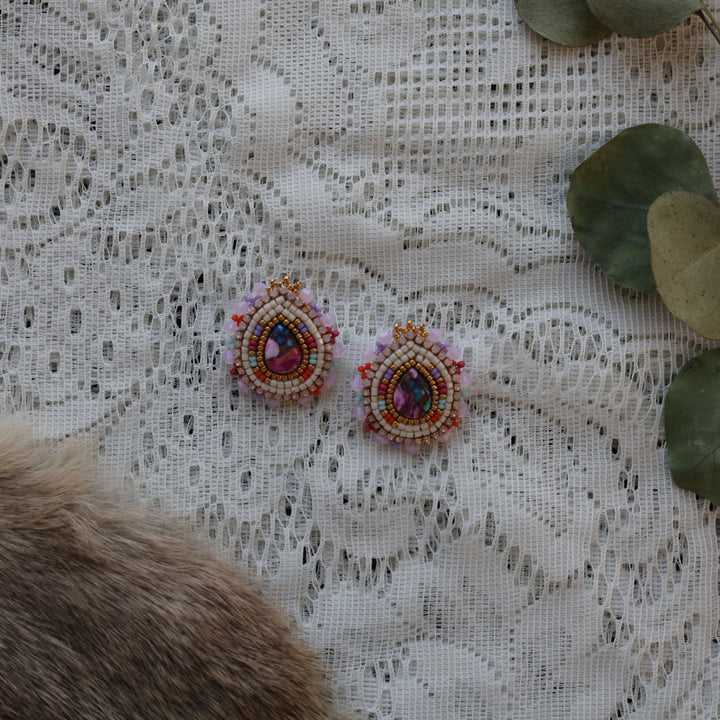 Prairie Sage Beadwork Pink Mohave Copper Turquoise Teardrop Beaded Earrings