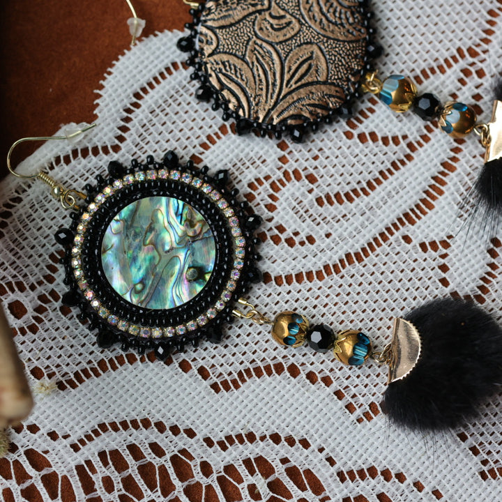 DMD Beadwork Beaded Abalone Earrings with Mink