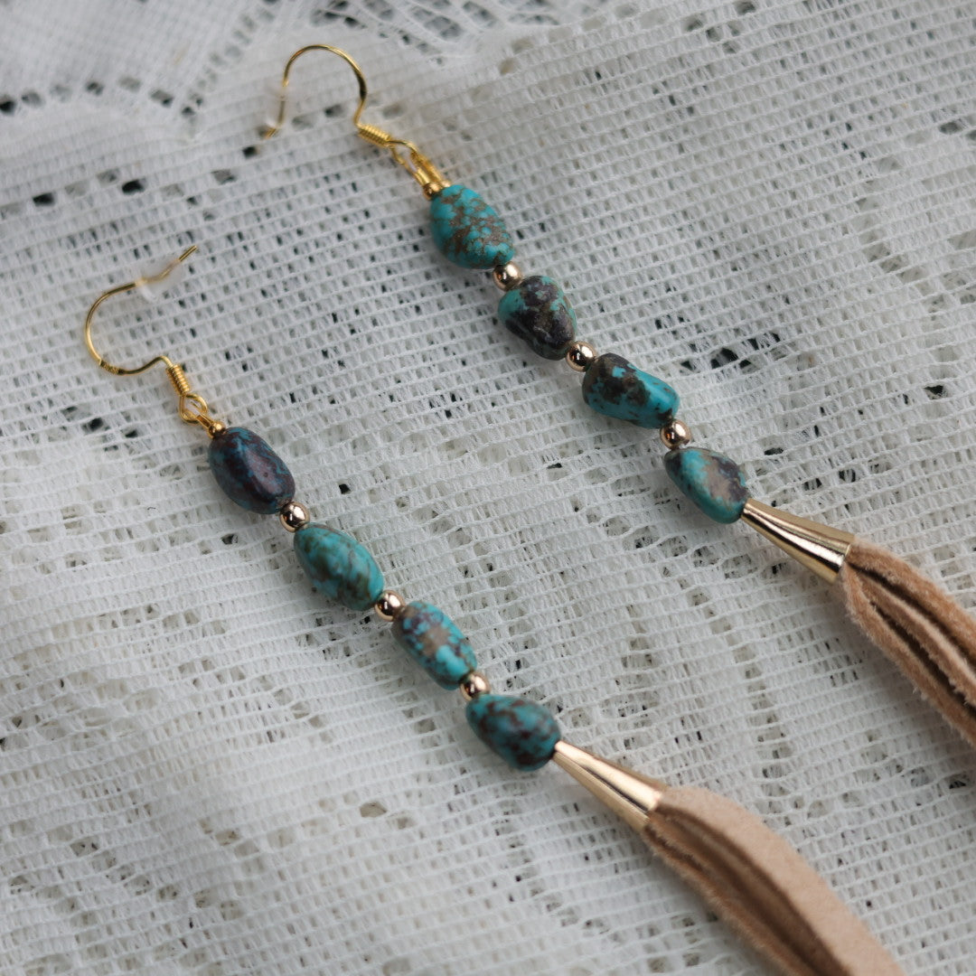 Prairie Sage Beadwork Turquoise & Deerhide Tassel Earrings