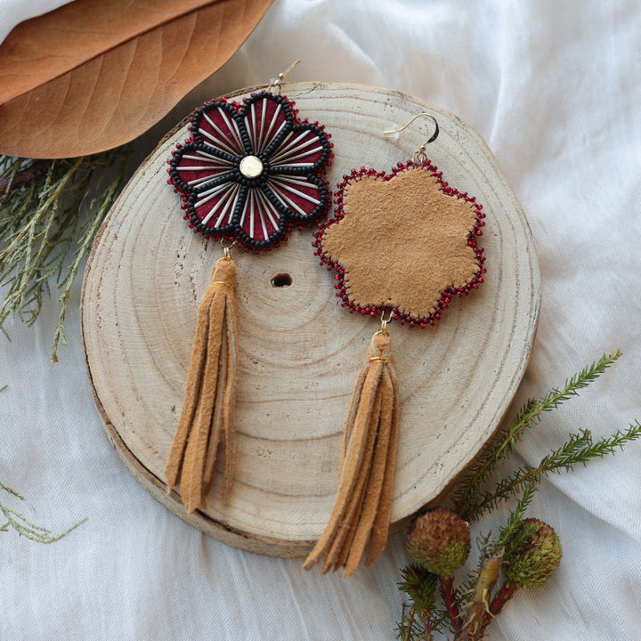 Boreal Forest Beads Floral Moose Hide Tassel Earrings
