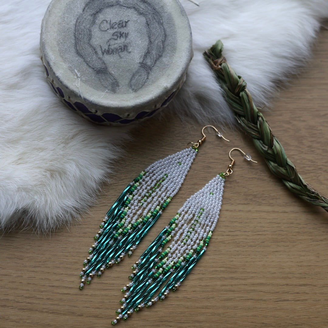 Clear Sky Woman Bugle Fringe Earrings