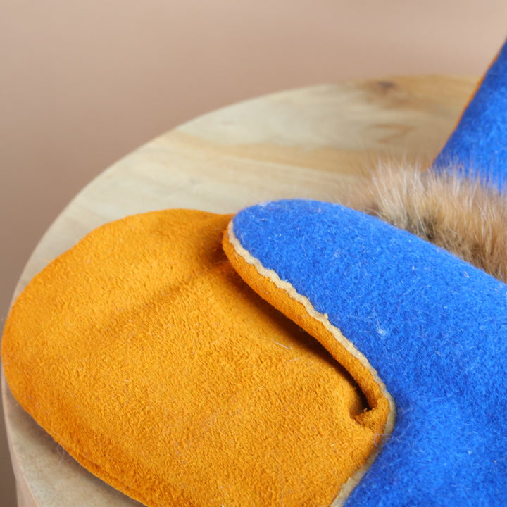 Emily J. Blue Felt & Beaver Pelt Moose Hide Mittens